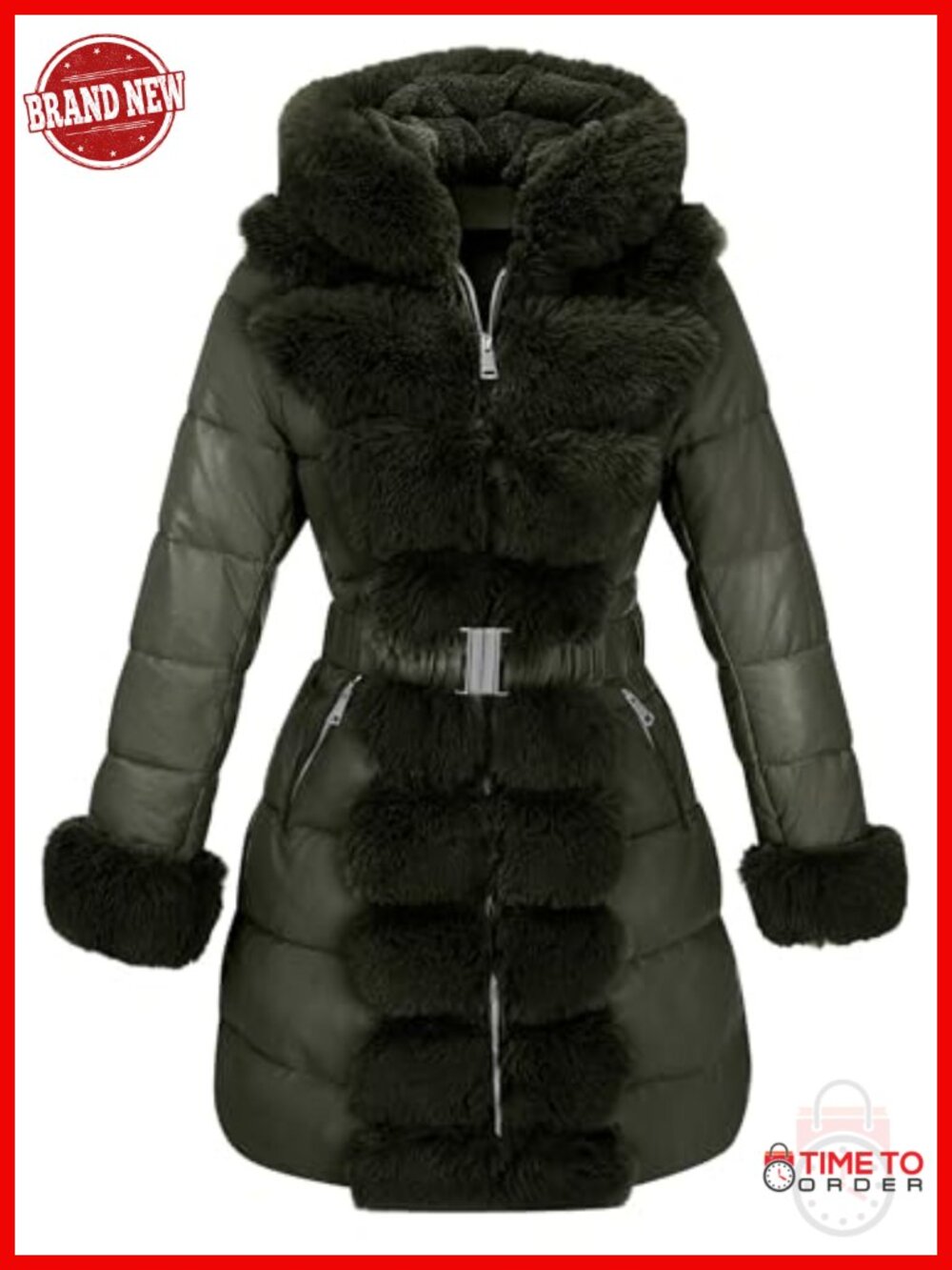 Winter Fur Lined Puffer Coat with Long Fur Trim Hooded, Warm Leather Bubble